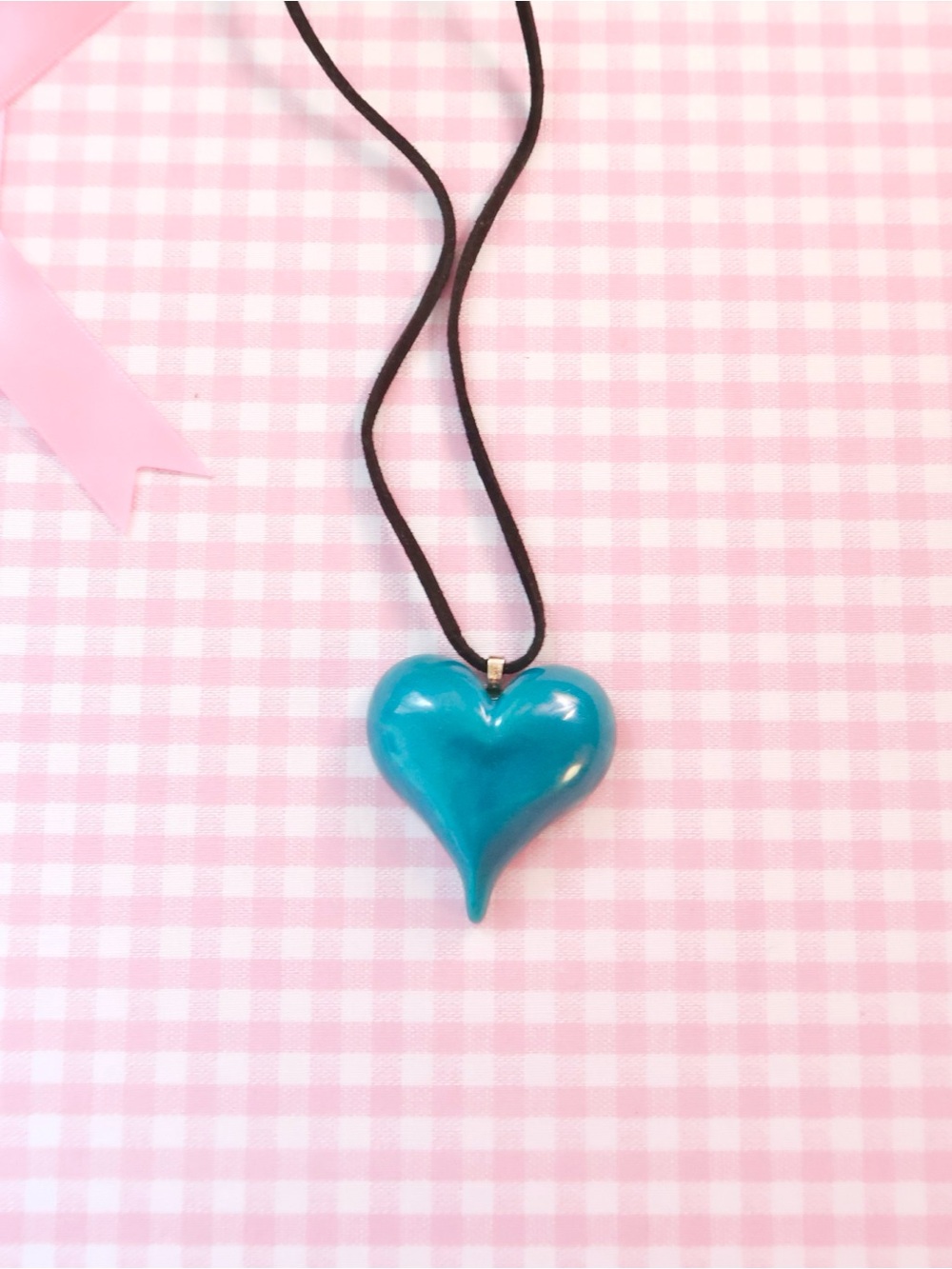 Blue Heart Pendant Necklace - Teal Heart on Black Cord